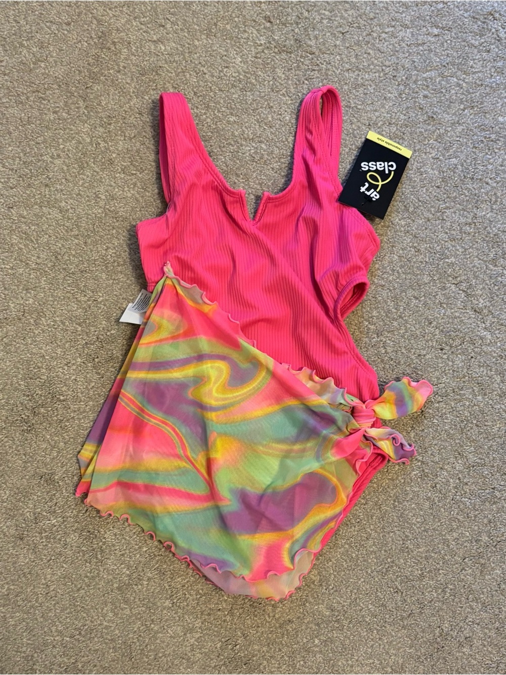 NWT Girls Art Class Hot Pink Ribbed Swimsuit w/ Tie Sarong Size Medium (8)